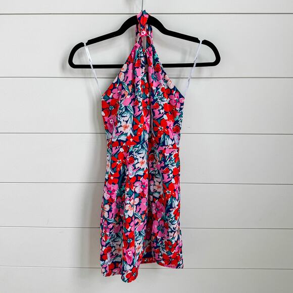 LULUS Chance of Blooms Navy Blue Multi Floral Print‎ Halter Mini Dress S - Picture 2 of 8